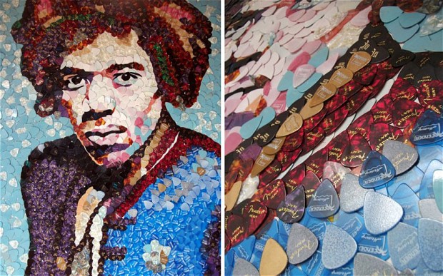 Portrait de Jimi Hendrix avec des médiators Fender 